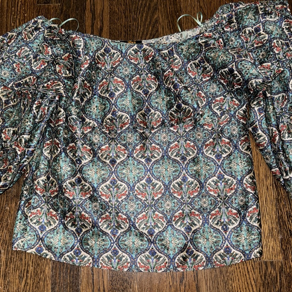 Anthropologie Printed Eyelet Style Blouse off the shoulder with ruffle XS NWT